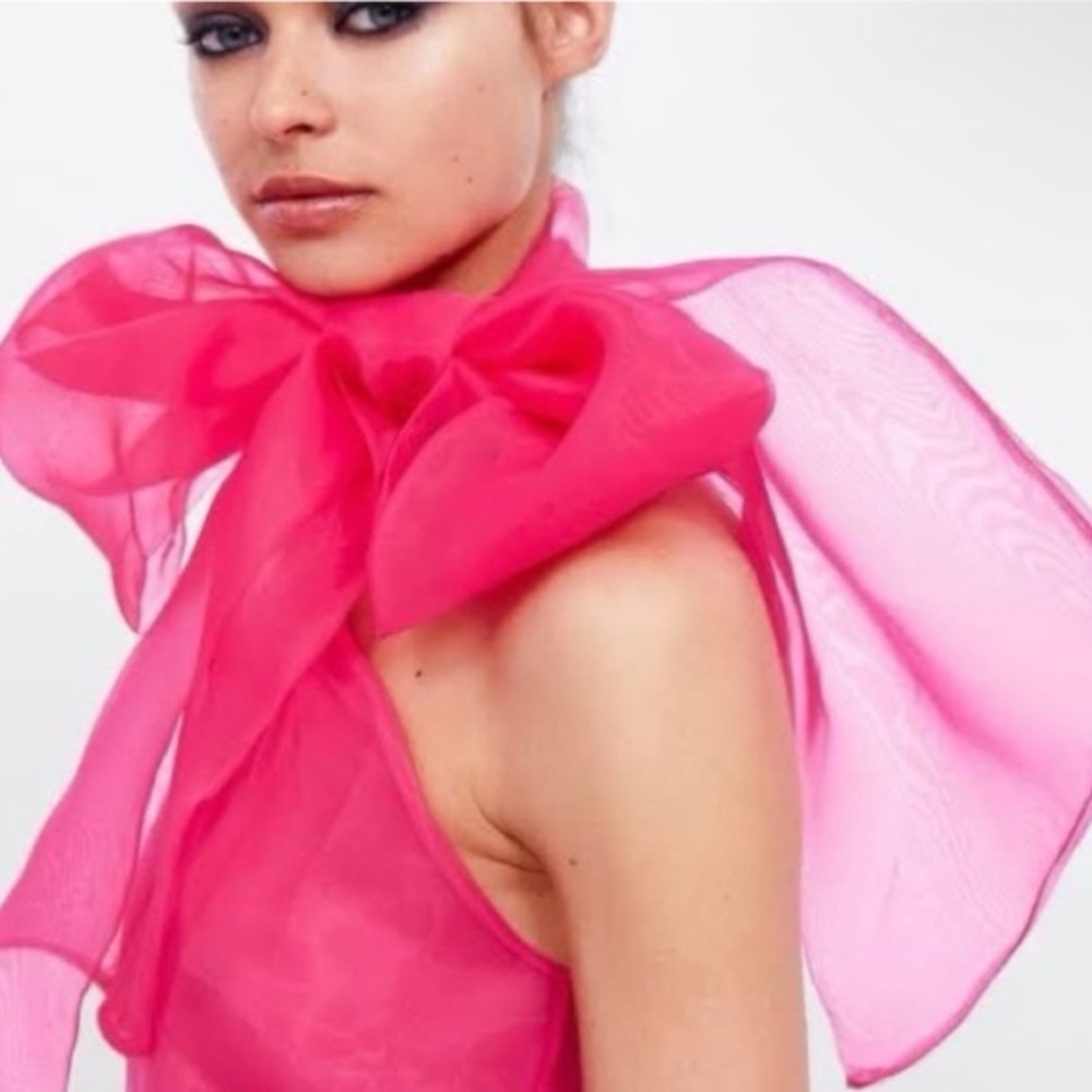 HTF Zara Organza Blouse Hot Pink L Bow Neck Top